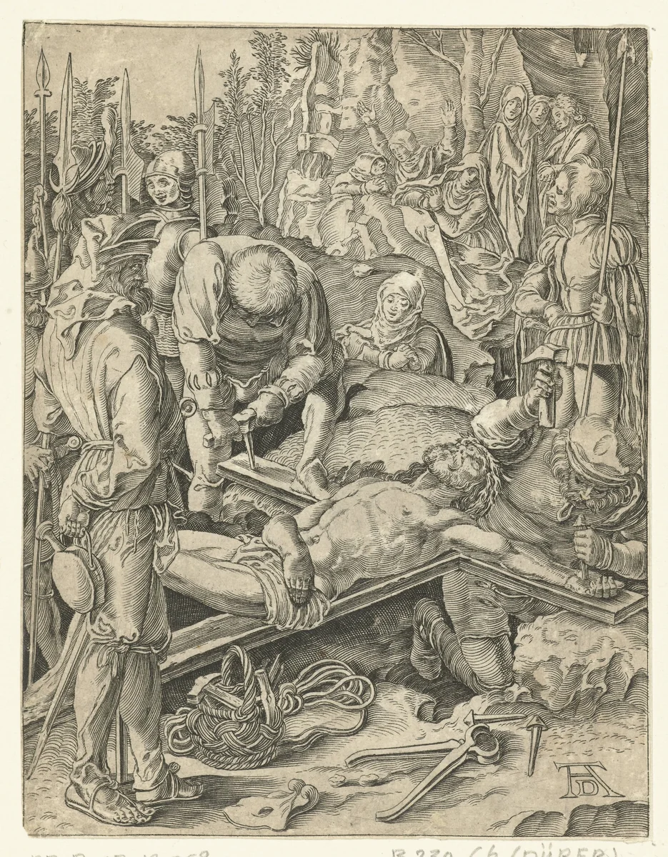 Christus wordt aan het kruis genageld by anonymous, print, 1510-1699