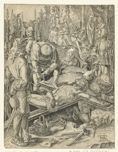 Christus wordt aan het kruis genageld by anonymous, print, 1510-1699