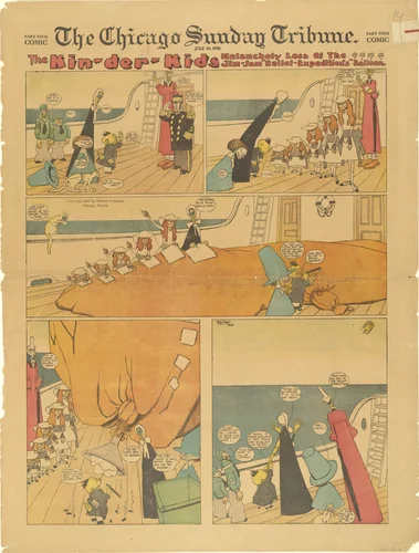 The Kin-der-Kids: Melancholy Loss of The Jim-jam "Relief-Expedition's" Balloon from The Chicago Sunday Tribune by Lyonel Feininger, print, 1906