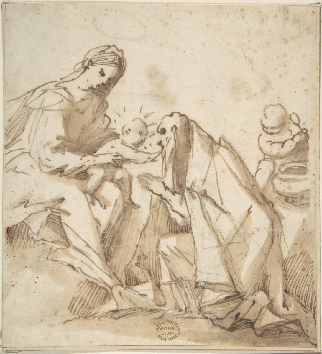 Saint Adoring the Madonna and Child by anonymous, drawing, 1600-1700