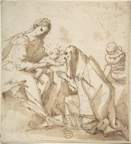 Saint Adoring the Madonna and Child by anonymous, drawing, 1600-1700