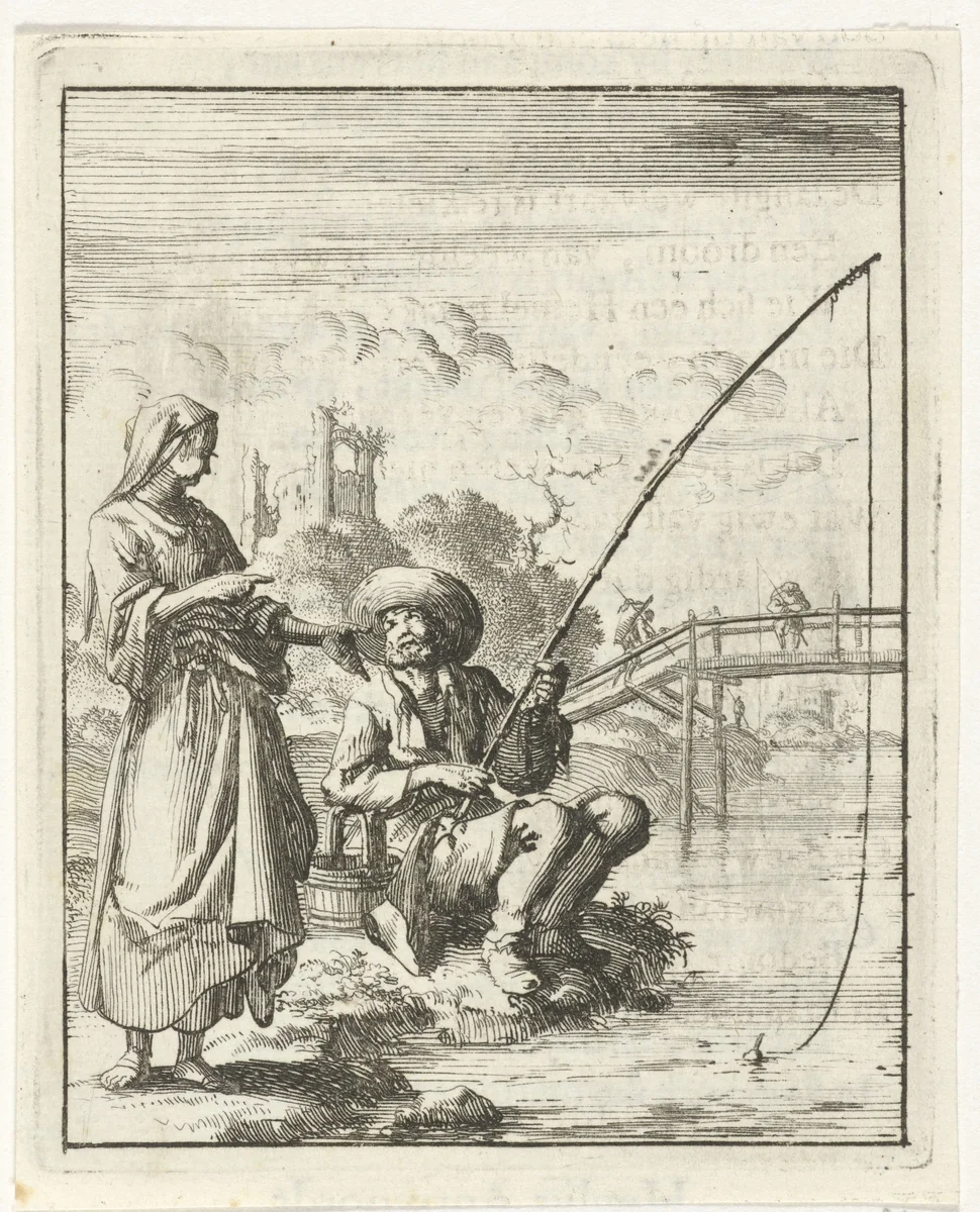 Vrouw in gesprek met een hengelaar by Jan Luyken, print, 1687