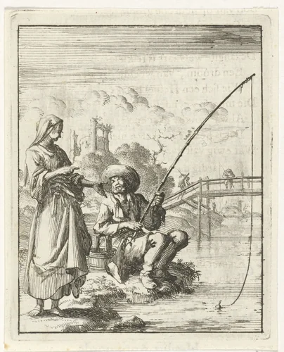 Vrouw in gesprek met een hengelaar by Jan Luyken, print, 1687
