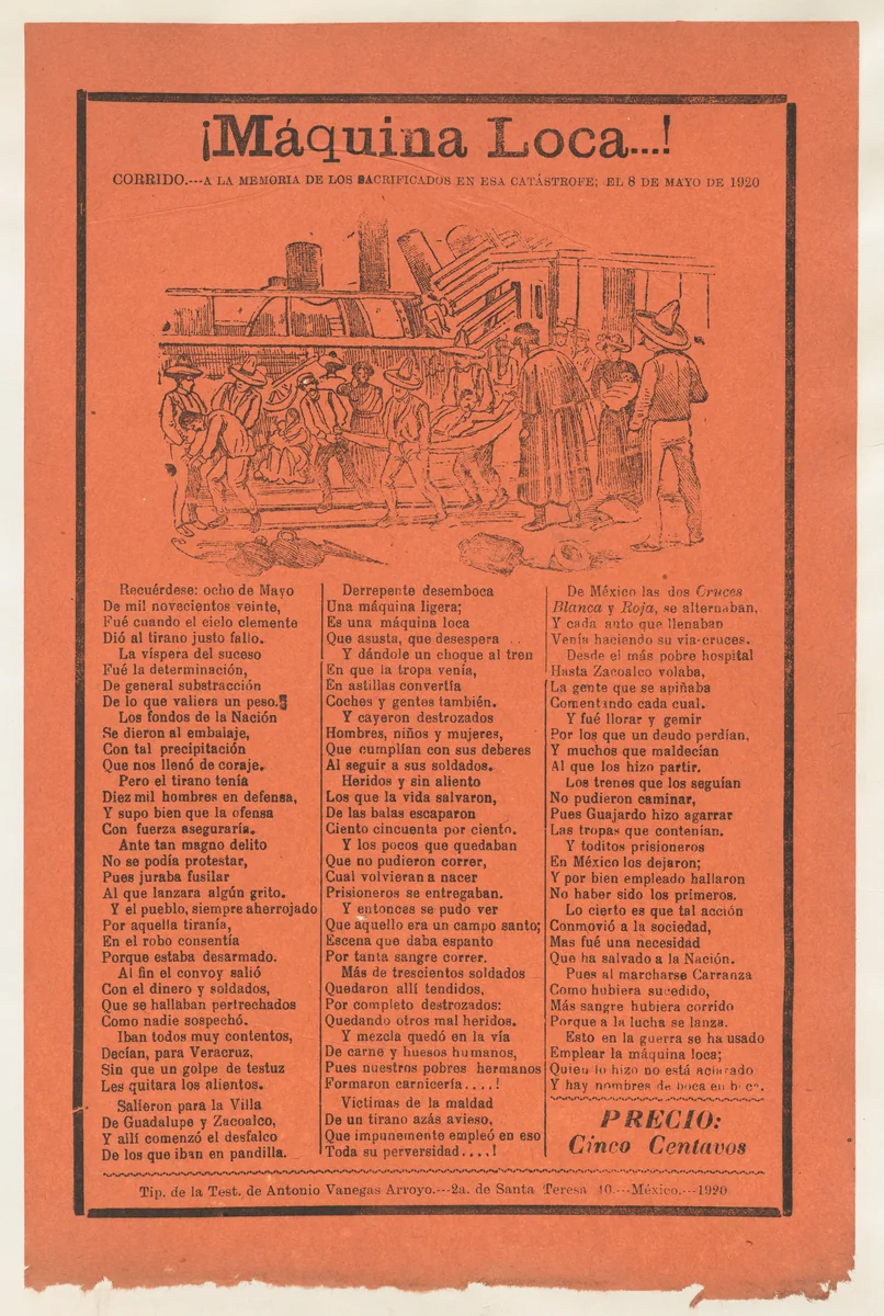 Broadsheet relating to a train accident that killed many people, wounded victims being carried on stretchers by José Guadalupe Posada, print, 1920