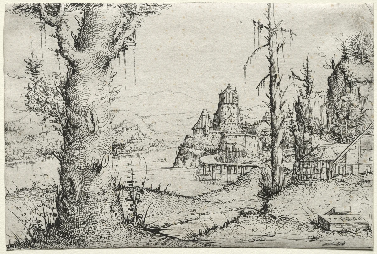 River Landscape with Large Tree at Left by Augustin Hirschvogel, print, 1546