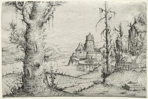 River Landscape with Large Tree at Left by Augustin Hirschvogel, print, 1546