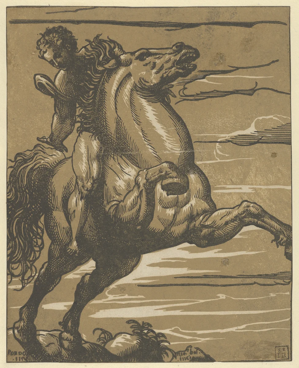 Leaping Horseman (Marcus Curtius) by Nicolò Boldrini, print, 1555-1565