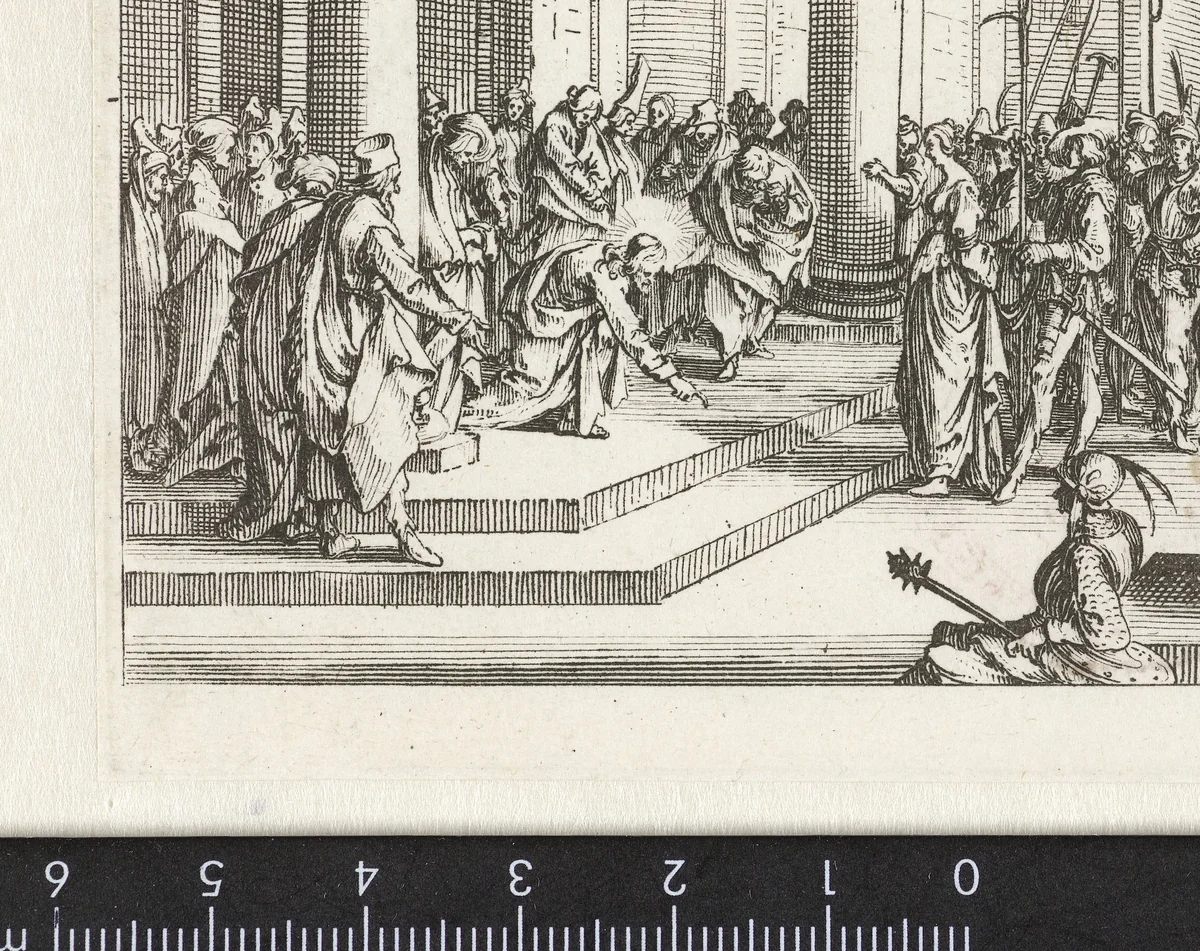 Christus en de overspelige vrouw by Jacques Callot, print, 1635