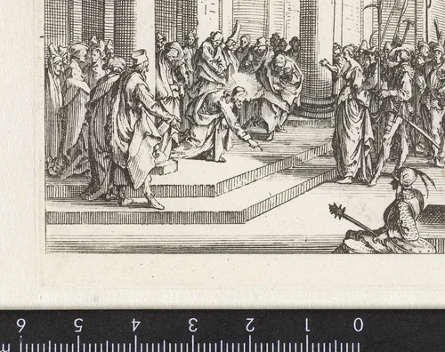 Christus en de overspelige vrouw by Jacques Callot, print, 1635