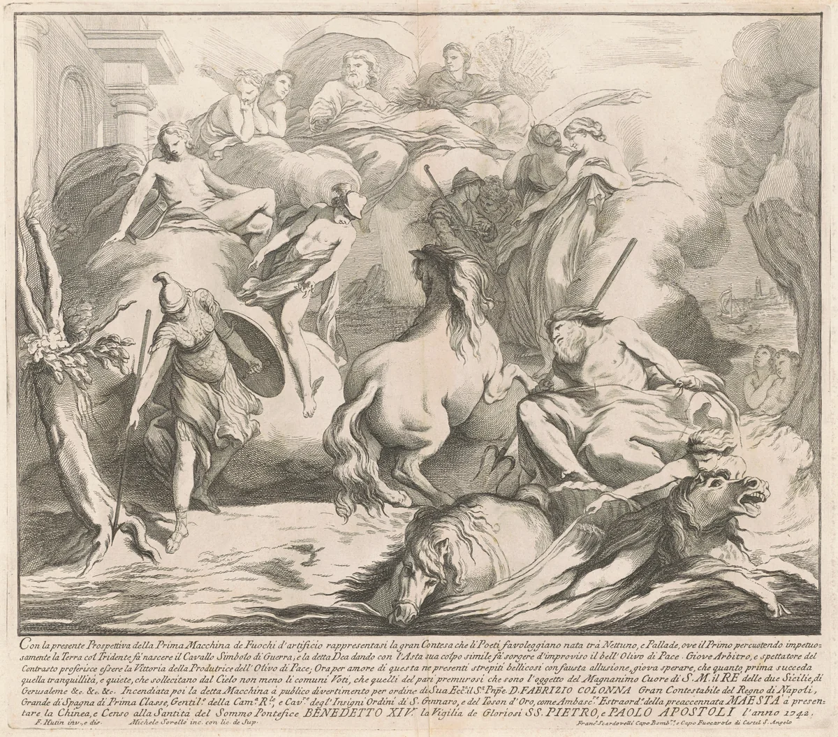 The Prima Macchina for the Chinea of 1742: The Contest of Neptune and Minerva by Miguel de Sorellò; François Hutin, print, 1742