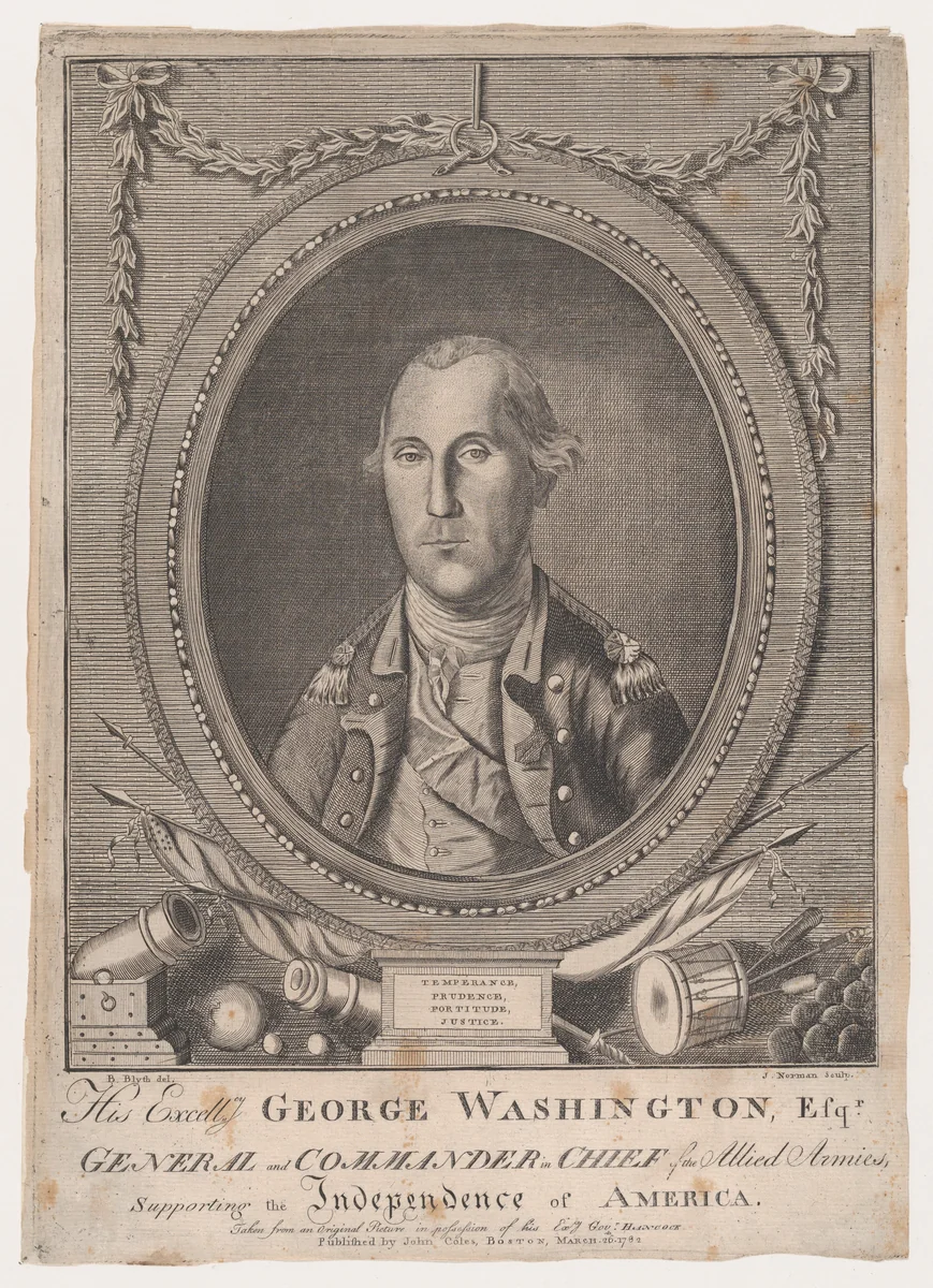 His Excellency George Washington, Esq-r., General and Commander in Chief of the Allied Armies, Supporting the Independence of America by John Norman, print, 1782
