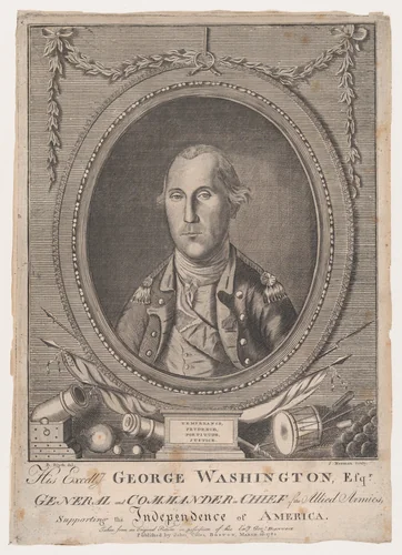 His Excellency George Washington, Esq-r., General and Commander in Chief of the Allied Armies, Supporting the Independence of America by John Norman, print, 1782