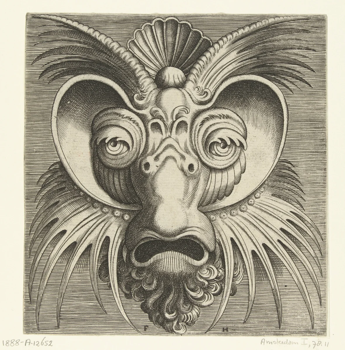 Masker met schotels rond de ogen en spits getande kuiven op de wangen en het voorhoofd by Frans Huys, print, 1555