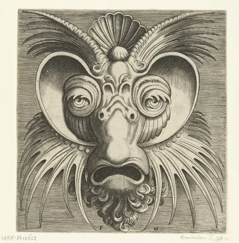 Masker met schotels rond de ogen en spits getande kuiven op de wangen en het voorhoofd by Frans Huys, print, 1555