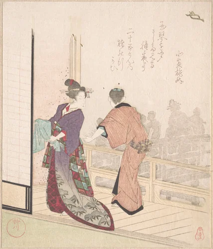 Scene on the Veranda of a Teahouse by Yanagawa Shigenobu (柳川重信), print, 1700-1899