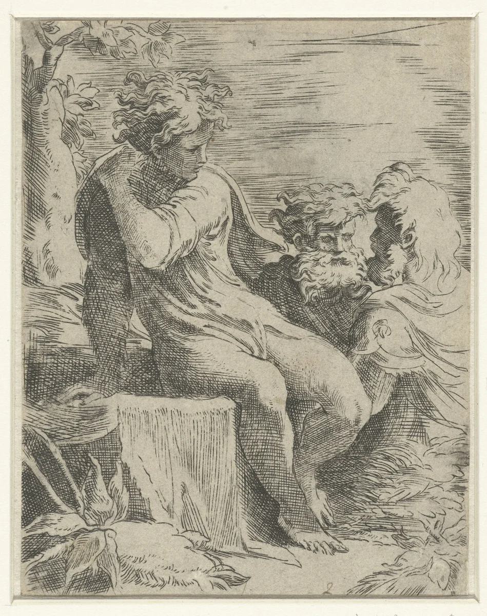 Jongeman en twee oude mannen by Parmigianino, print, 1524-1540