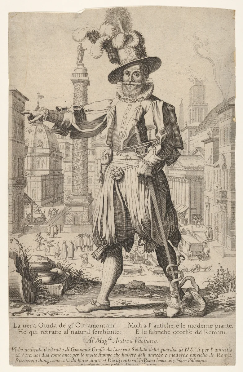 Giovanni Grosso standing on the Quirinal Hill in Rome, with his right arm outstretched and a snake coiled around his foot and sword by Francesco Villamena, print, 1613