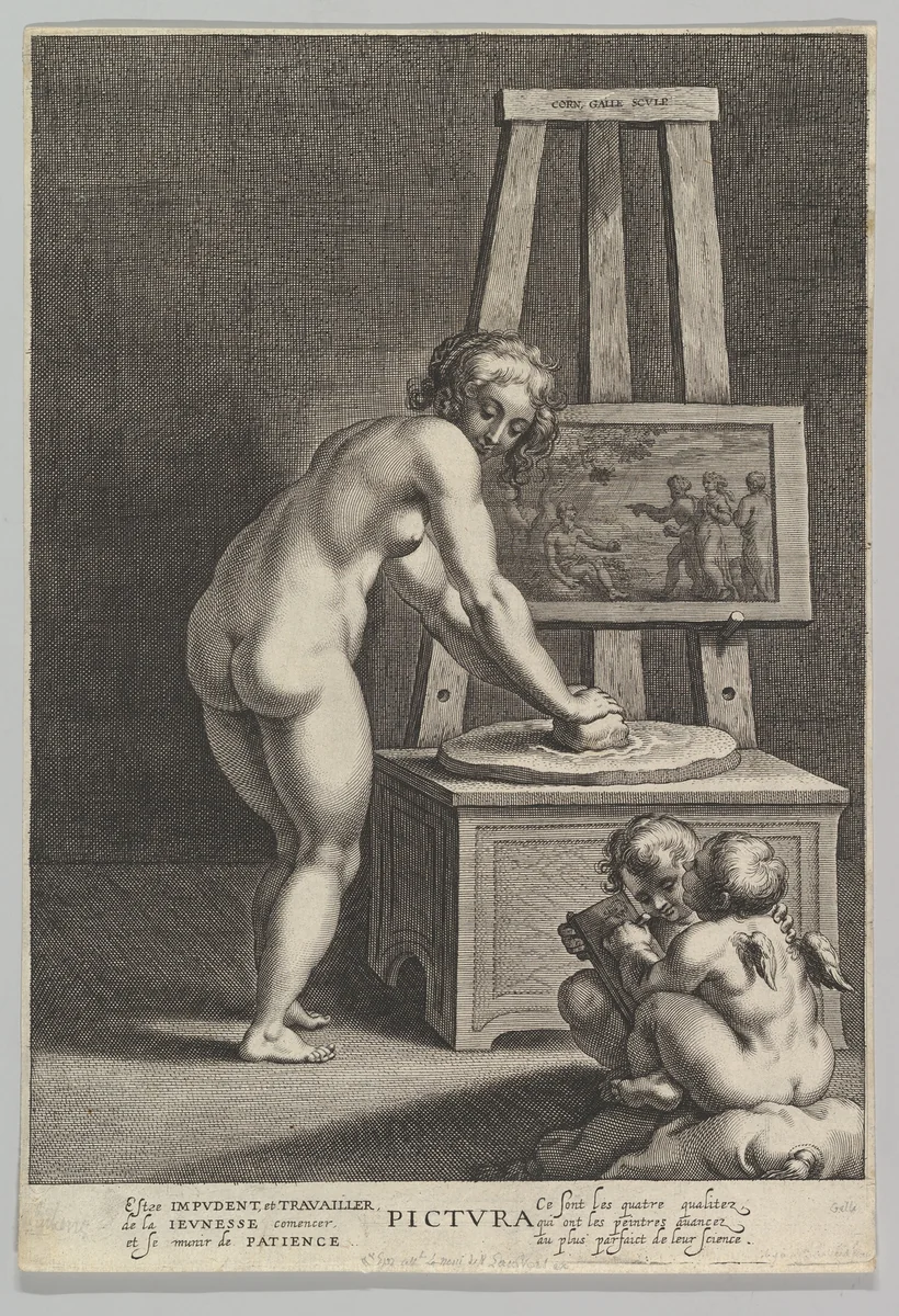Pictura: allegory of painting, with a nude woman at center grinding pigments, two putti drawing at lower right by Cornelis Galle, print, 1605-1650