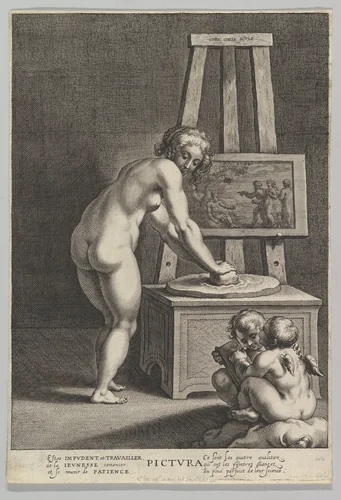 Pictura: allegory of painting, with a nude woman at center grinding pigments, two putti drawing at lower right by Cornelis Galle, print, 1605-1650