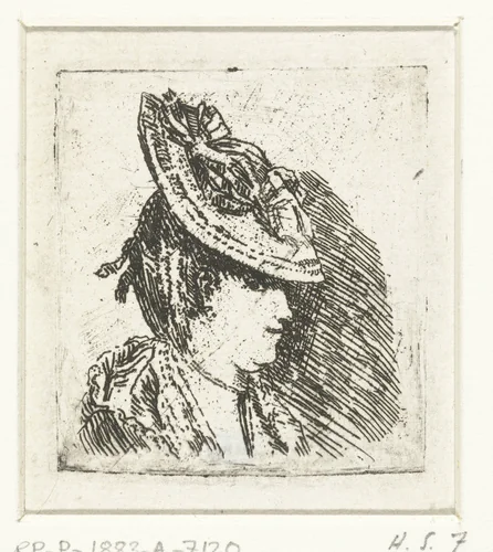 Hoofdstudie van een jonge vrouw met hoed by Louis Bernard Coclers, print, 1756-1817