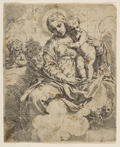Madonna and Child seated on clouds and surrounded by angels by Simone Cantarini, print, 1634-1644
