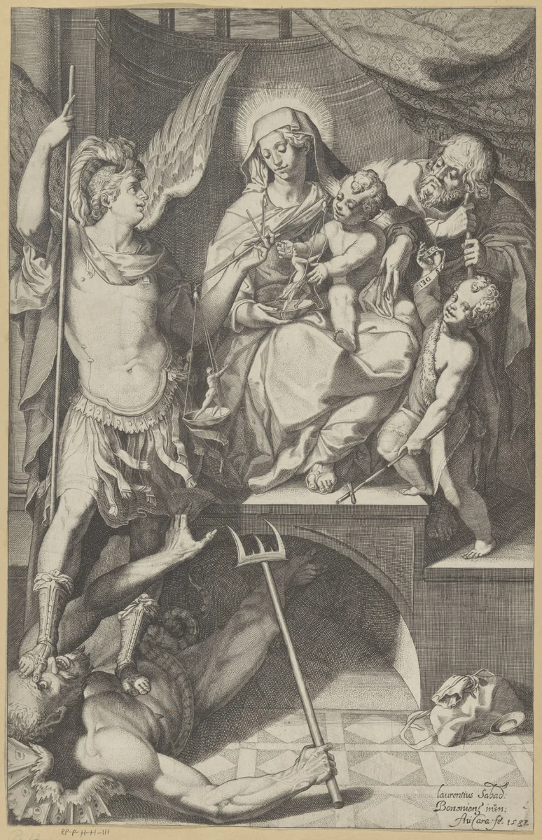 Heilige Familie met de aartsengel Michaël en de jonge Johannes de Doper by Unknown, print, 1582