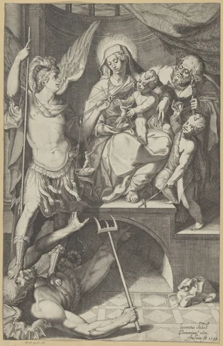 Heilige Familie met de aartsengel Michaël en de jonge Johannes de Doper by Unknown, print, 1582