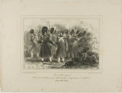 Je n'tire pas! Si la cause était bonne, y n'faudrait pas d'argent pour la défendre. 28 Juillet 1830 by Denis Auguste Marie Raffet, print, 1831