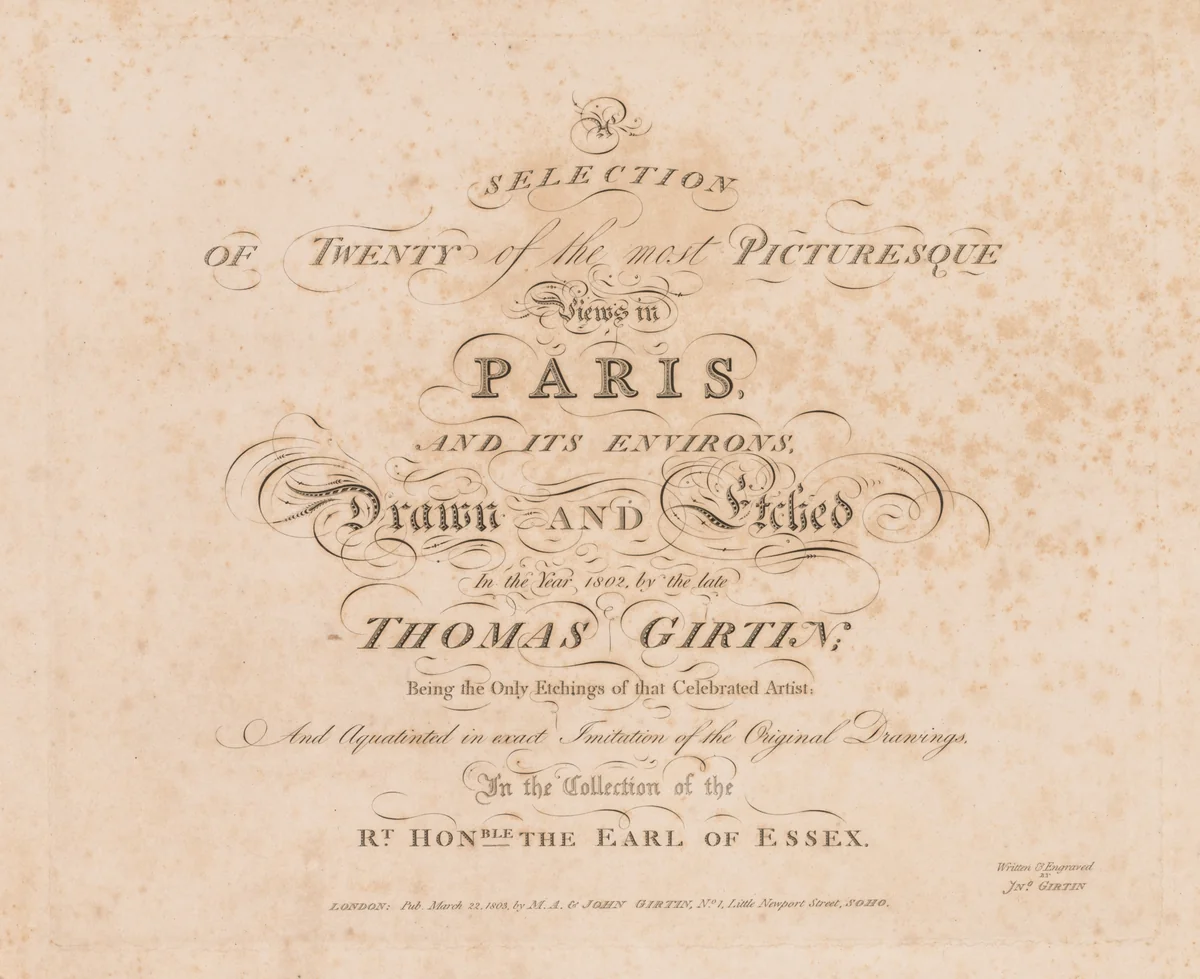 A Selection of Twenty of the Most Picturesque Views in Paris, And its Environs: Title Page by John Girtin, print, 1803