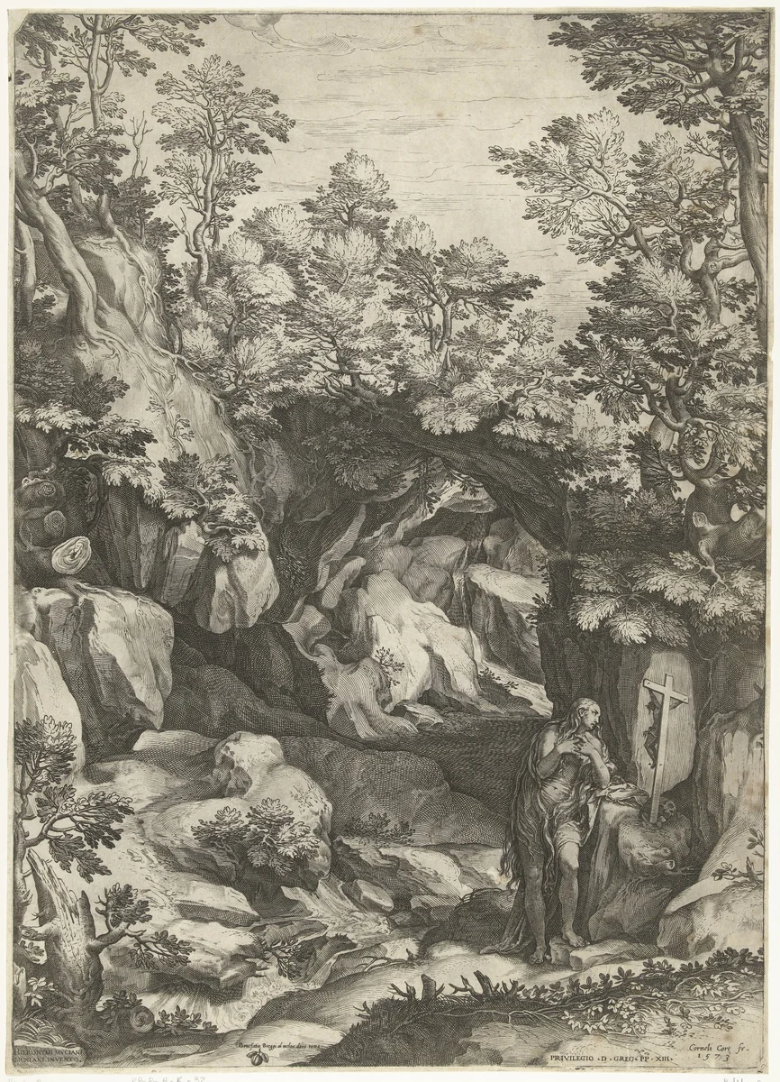 Landschap met de boetvaardige Maria Magdalena by Unknown, print, 1573