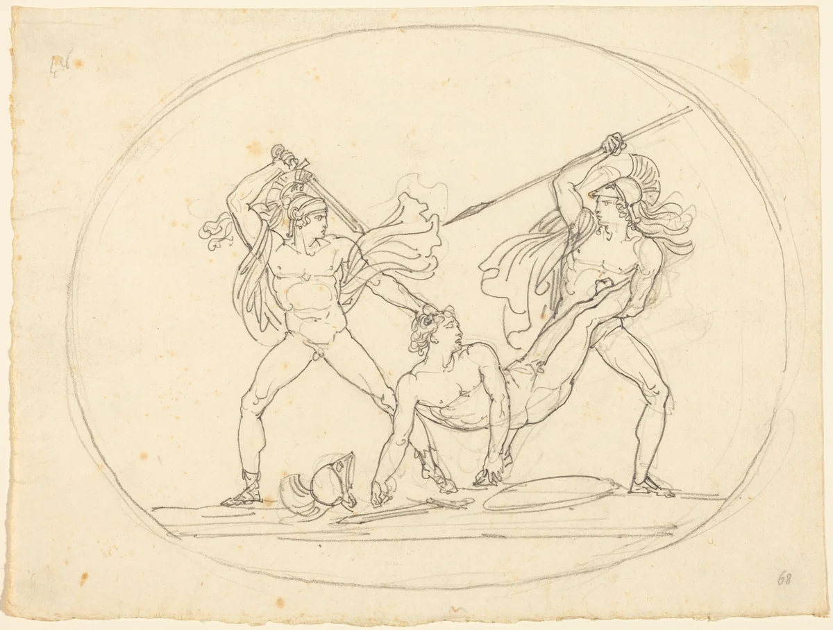 Two Ancient Warriors Fighting over a Dead Comrade by Bartolomeo Pinelli, drawing, 1781-1835
