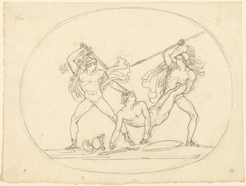 Two Ancient Warriors Fighting over a Dead Comrade by Bartolomeo Pinelli, drawing, 1781-1835