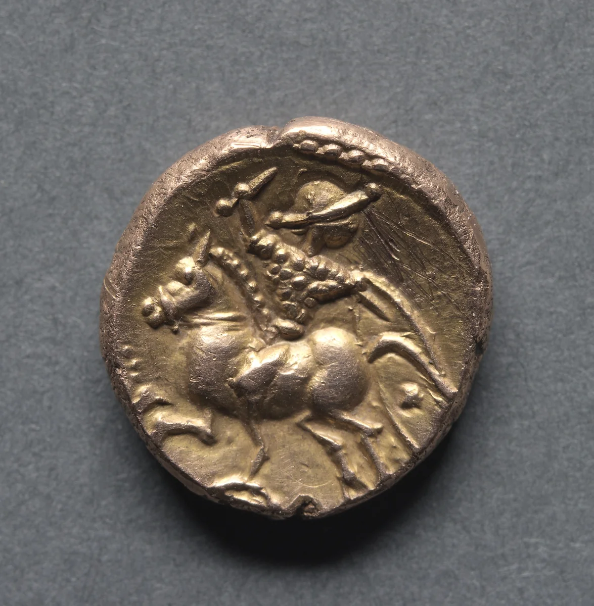 Tasciovanus Stater: Horse and Armed Rider (reverse) by Unknown, metalwork, -25-15