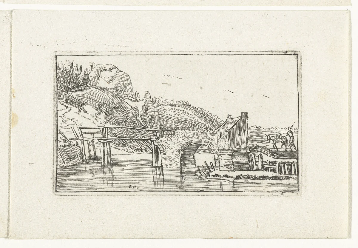 Man drijft een ezel richting een brug by anonymous, print, 1610-1617