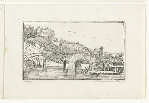 Man drijft een ezel richting een brug by anonymous, print, 1610-1617