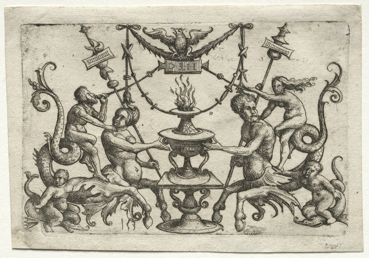 Ornament with Siren and Triton by Daniel Hopfer, print