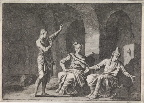 Jozef verklaart de dromen van de bakker en de wijnschenker by Jan Luyken, print, 1704
