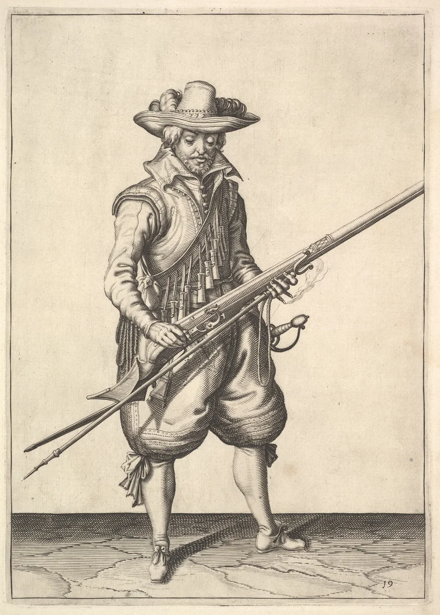 A soldier shaking the powder from the top of the pan, from the Musketeers series, plate 19, in "Wapenhandelinghe van Roers Musquetten Ende Spiessen" (The Exercise of Arms) by Jacques de Gheyn II, print, 1565-1629