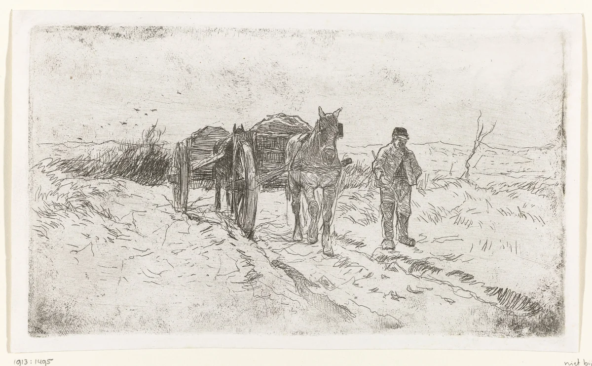 Boer naast twee door paarden getrokken karren by Anton Mauve, print, 1848-1888