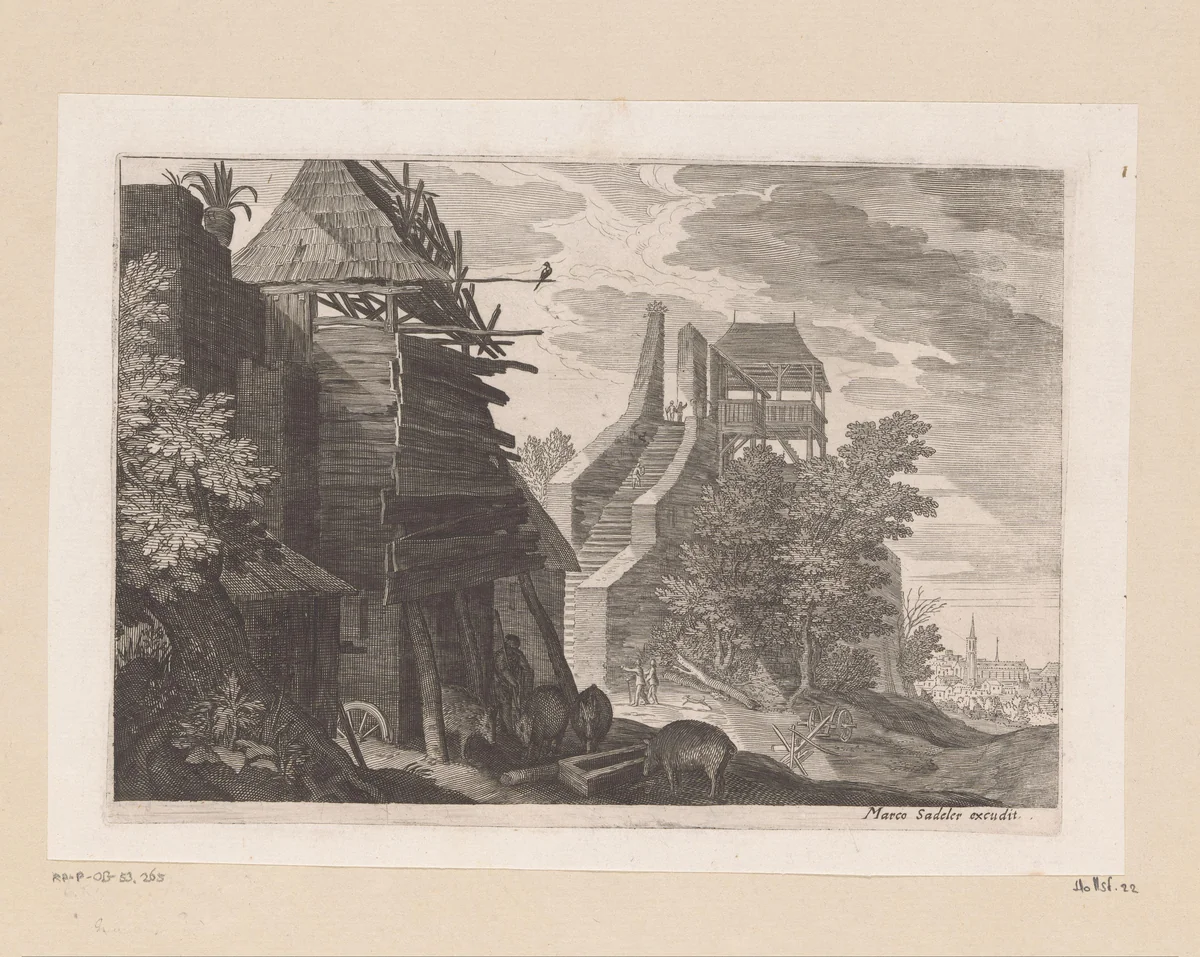 Uitkijktoren en een man met vier zwijnen by Isaak Major, print, 1586-1630