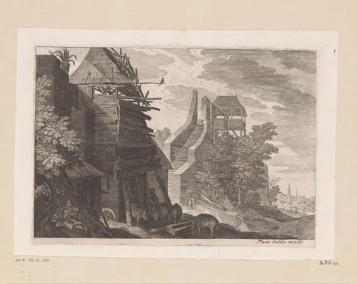 Uitkijktoren en een man met vier zwijnen by Isaak Major, print, 1586-1630