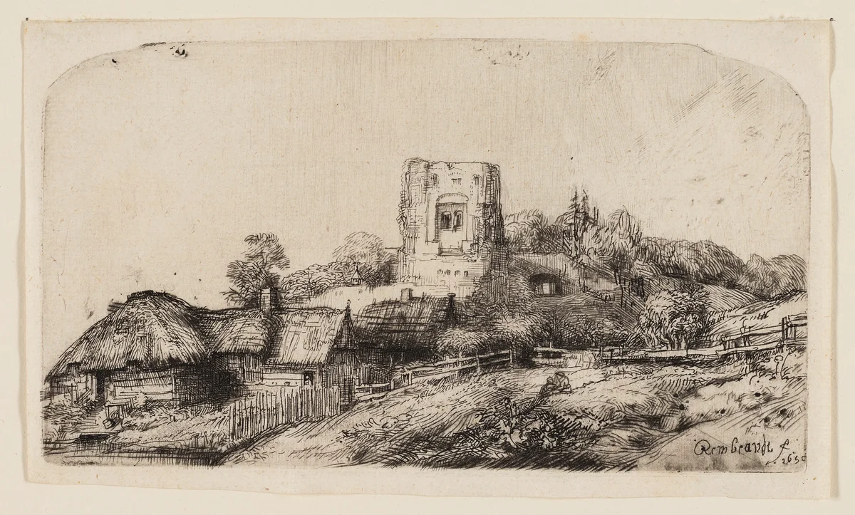 Landscape with a Square Tower by Rembrandt van Rijn, print, 1650