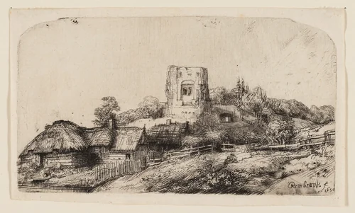 Landscape with a Square Tower by Rembrandt van Rijn, print, 1650