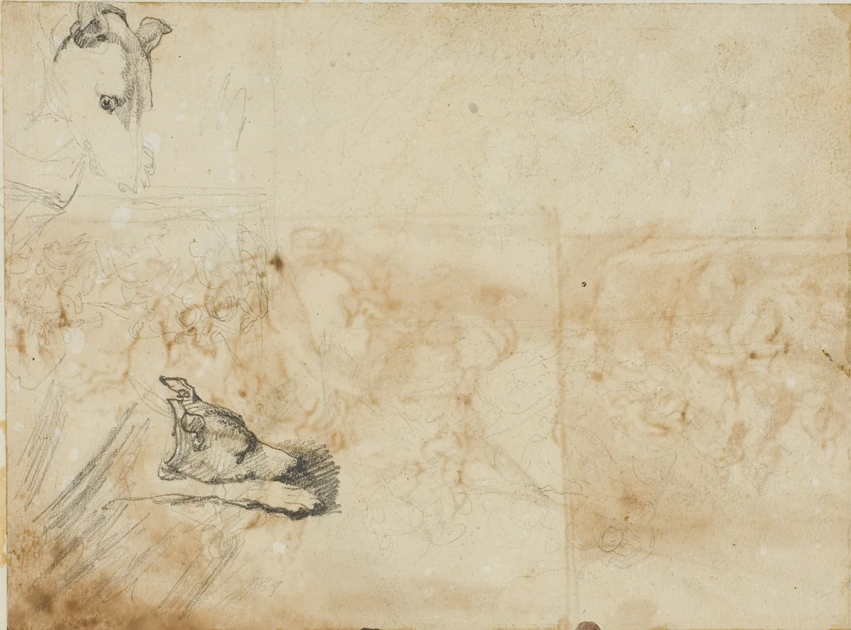 Sketches of an Equestrian Battle and the Head of a Greyhound by Jean Louis André Théodore Géricault, drawing, 1813-1814