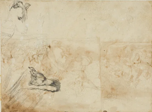 Sketches of an Equestrian Battle and the Head of a Greyhound by Jean Louis André Théodore Géricault, drawing, 1813-1814