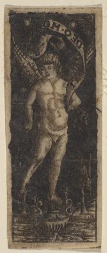 Cherub on a Vase with Inscription: "SOLI DEO HONOR" by Francesco Francia, print, 1490-1510