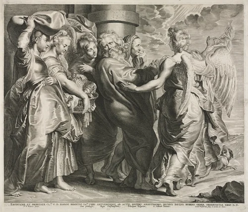 Lot and His Family Leaving Sodom by Lucas Emil Vorsterman, print, 1620