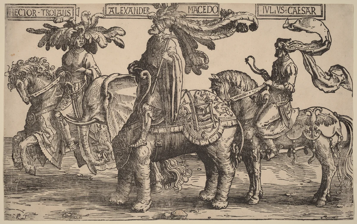 Hector of Troy, Alexander of Macedon, Julius Caesar by Lucas van Leyden, print, 1515-1517