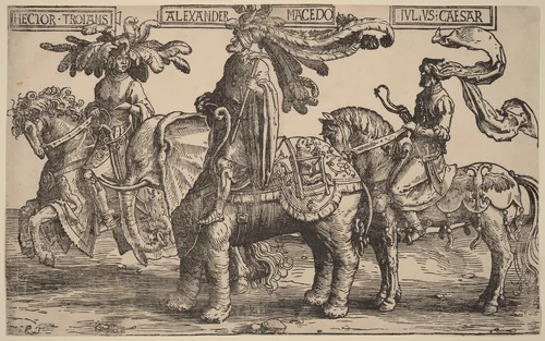 Hector of Troy, Alexander of Macedon, Julius Caesar by Lucas van Leyden, print, 1515-1517