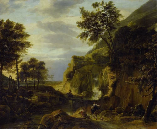 Mountainous landscape with waterfall by Roelant Roghman, painting, 1650-1692